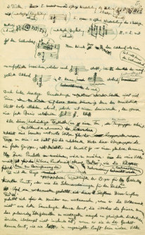 A page from Bartók's article, “Einfluß der Volksmusik auf die Kunstmusik unserer Tage” (The Influence of Folk Music on the Art Music of Today) showing an analysis of compositional technique using folk song motives and ostinatos in no. 4 of Stravinsky's Pribaoutki